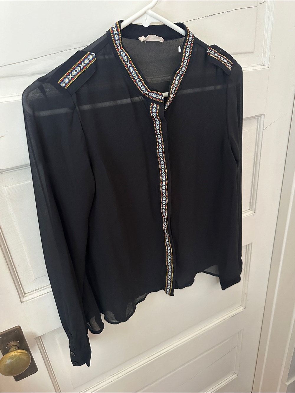 Sheer Embroidered Mandarin Collar Band Collar Long Sleeve Black Button Blouse